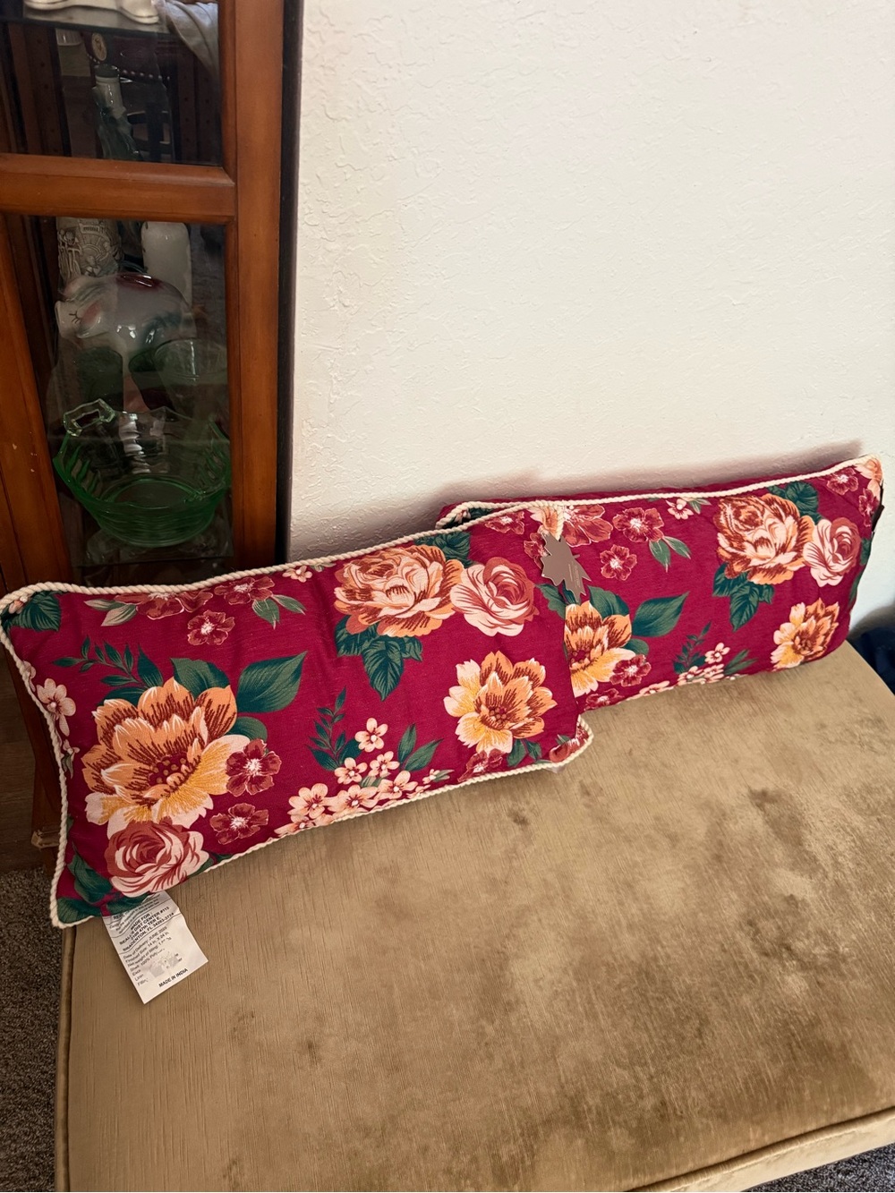Red Floral Bolster Accent Pillow with Rope Trim